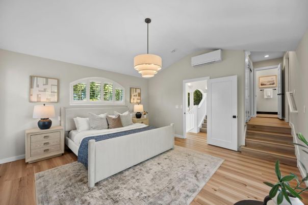 Bedroom, Interior, Pendant Lights, Recessed Lighting, Wood Texture Flooring