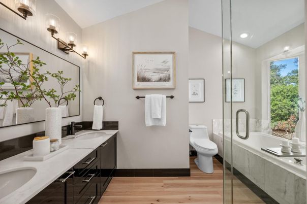 Bathroom, Dual Sink Vanities, Glass Shower, Interior, Recessed Lighting, Wood Texture Flooring