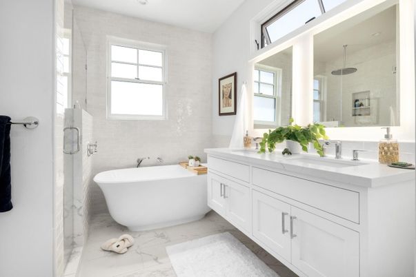 Bathroom, Dual Sink Vanities, Free Standing Baths, Glass Shower, Interior, Marble, Recessed Lighting