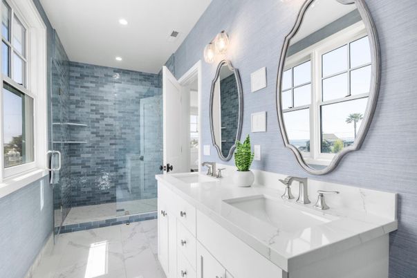 Bathroom, Dual Sink Vanities, Glass Shower, Interior, Marble, Recessed Lighting