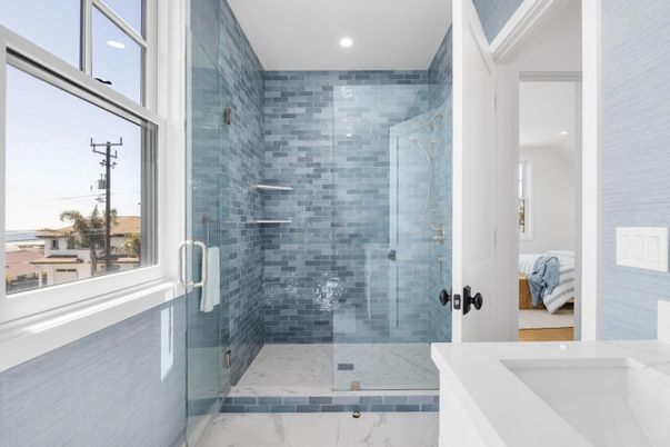 Bathroom, Glass Shower, Interior, Marble, Marble Walls, Recessed Lighting