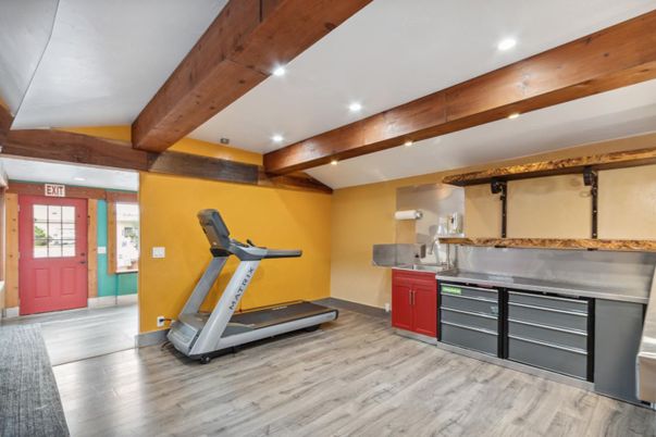 Fitness Equipment, Interior, Recessed Lighting, Wooden Beams, Wood Texture Flooring