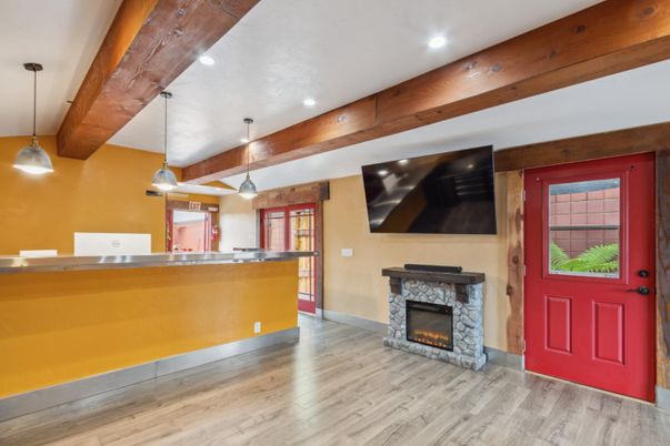 Fireplace, Interior, Pendant Lights, Recessed Lighting, Wooden Beams, Wood Texture Flooring