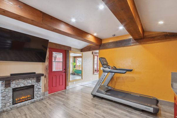Fireplace, Fitness Equipment, Interior, Recessed Lighting, Wooden Beams, Wood Texture Flooring