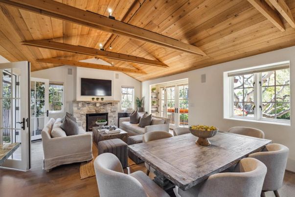 Dining room, Fireplace, Interior, Living room, Wooden Beams, Wooden Ceilings, Wood Texture Flooring