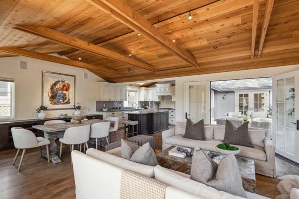 Dining room, Interior, Kitchen, Living room, Recessed Lighting, Wooden Beams, Wooden Ceilings, Wood Texture Flooring