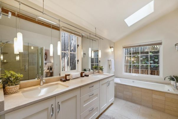 Bathroom, Dual Sink Vanities, Glass Shower, Interior, Pendant Lights