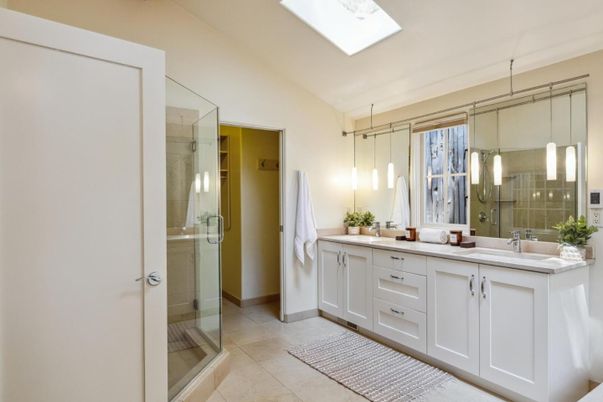 Bathroom, Dual Sink Vanities, Glass Shower, Interior, Pendant Lights