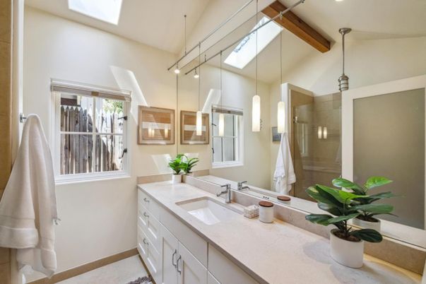 Bathroom, Glass Shower, Interior, Pendant Lights, Recessed Lighting, Wooden Beams