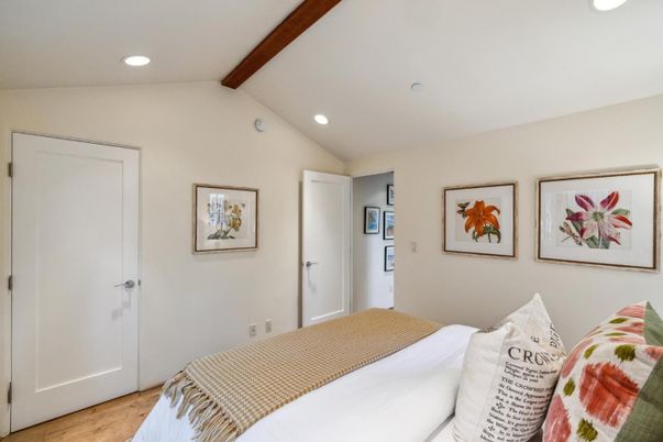 Bedroom, Interior, Recessed Lighting, Wooden Beams, Wood Texture Flooring
