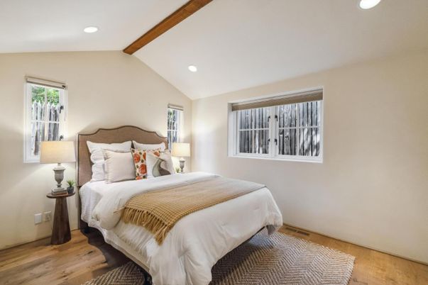 Bedroom, Interior, Recessed Lighting, Wooden Beams, Wood Texture Flooring