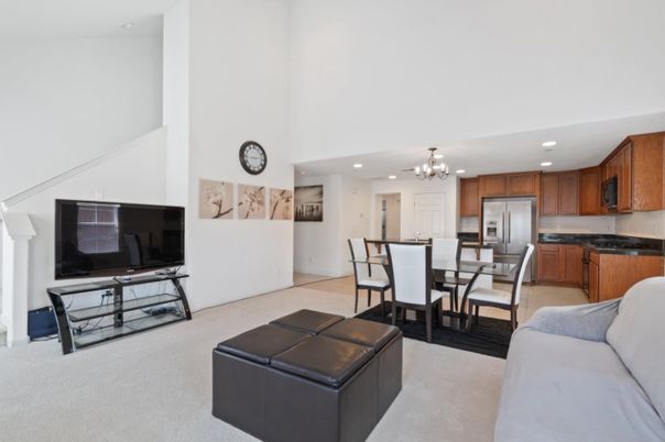 Chandelier, Dining room, Interior, Kitchen, Living room, Recessed Lighting, Stainless Steel Appliances