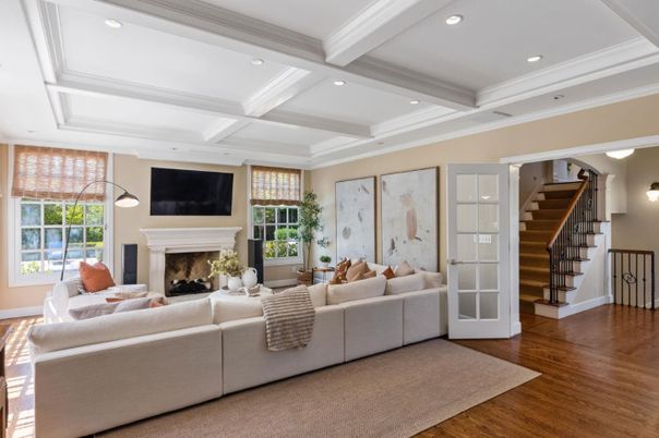 Fireplace, Interior, Living room, Recessed Lighting, Wood Texture Flooring
