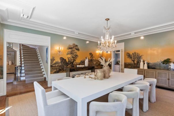 Chandelier, Dining room, Interior, Recessed Lighting, Wood Texture Flooring