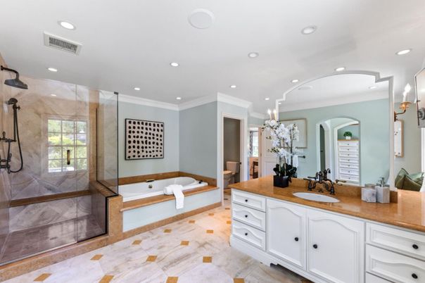 Bathroom, Dual Sink Vanities, Glass Shower, Interior, Recessed Lighting