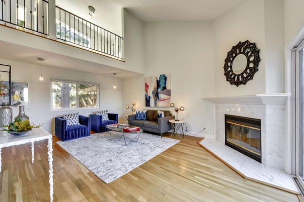 Fireplace, Interior, Living room, Pendant Lights, Wood Texture Flooring
