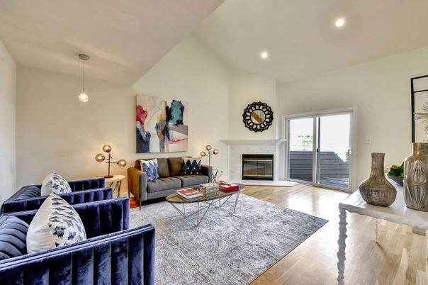 Fireplace, Interior, Living room, Pendant Lights, Recessed Lighting, Wood Texture Flooring