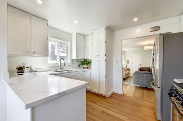 Interior, Kitchen, Recessed Lighting, Stainless Steel Appliances, Wood Texture Flooring