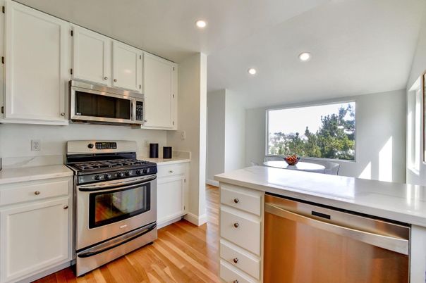 Interior, Kitchen, Recessed Lighting, Stainless Steel Appliances, Wood Texture Flooring