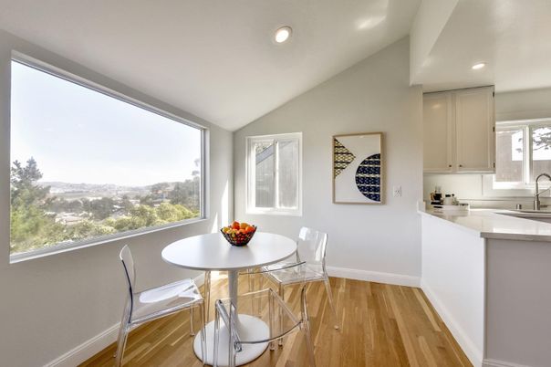 Dining room, Interior, Kitchen, Recessed Lighting, Wood Texture Flooring