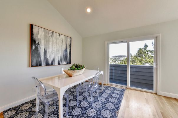 Dining room, Interior, Recessed Lighting, Wood Texture Flooring