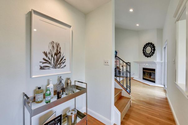 Fireplace, Interior, Recessed Lighting, Wood Texture Flooring