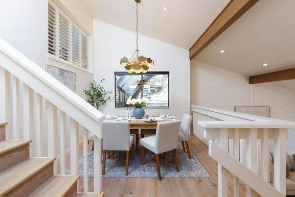 Dining room, Interior, Pendant Lights, Recessed Lighting, Wooden Beams, Wood Texture Flooring
