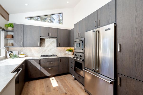 Interior, Kitchen, Recessed Lighting, Stainless Steel Appliances, Wood Texture Flooring
