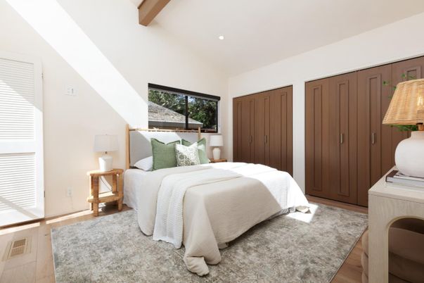 Bedroom, Interior, Recessed Lighting, Wooden Beams, Wood Texture Flooring