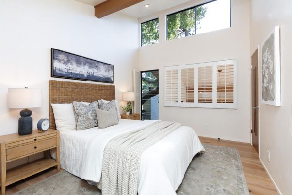 Bedroom, Interior, Recessed Lighting, Wooden Beams, Wood Texture Flooring