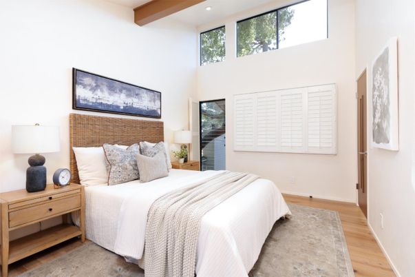Bedroom, Interior, Recessed Lighting, Wooden Beams, Wood Texture Flooring