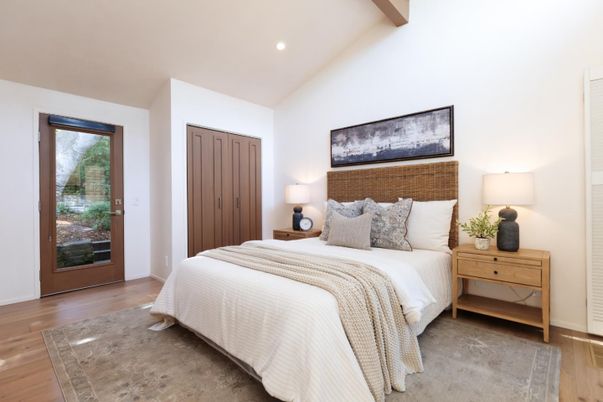 Bedroom, Interior, Recessed Lighting, Wooden Beams, Wood Texture Flooring