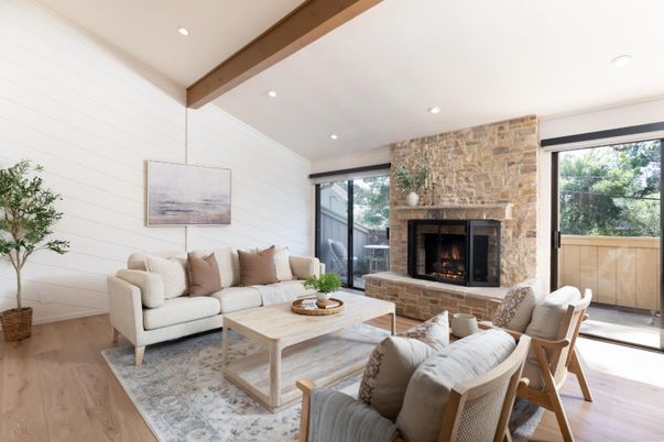 Fireplace, Interior, Living room, Pendant Lights, Recessed Lighting, Stone Walls, Wooden Beams, Wood Texture Flooring