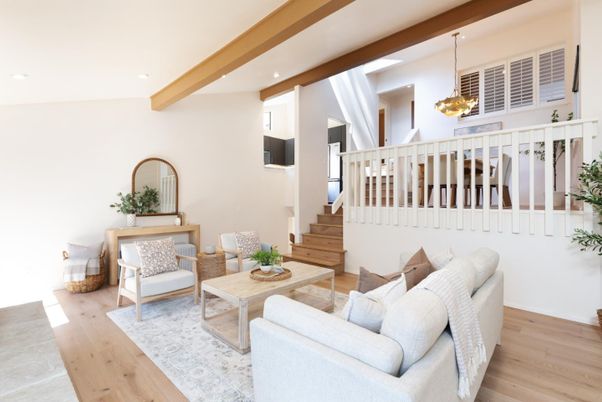 Interior, Living room, Pendant Lights, Recessed Lighting, Wooden Beams, Wood Texture Flooring