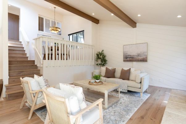 Interior, Living room, Pendant Lights, Recessed Lighting, Wooden Beams, Wood Texture Flooring