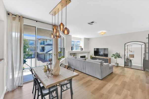 Dining room, Fireplace, Interior, Living room, Pendant Lights, Wood Texture Flooring