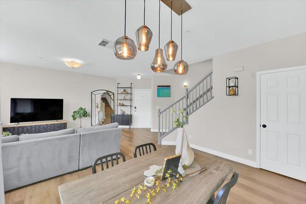 Dining room, Interior, Living room, Pendant Lights, Wood Texture Flooring