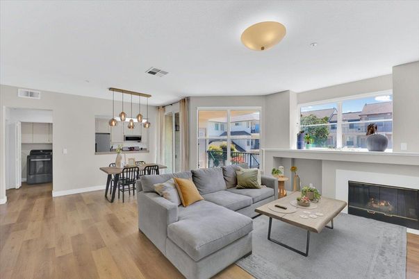 Dining room, Fireplace, Interior, Kitchen, Living room, Pendant Lights, Wood Texture Flooring