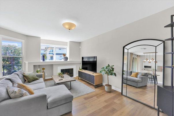Dining room, Fireplace, Interior, Living room, Pendant Lights, Wood Texture Flooring