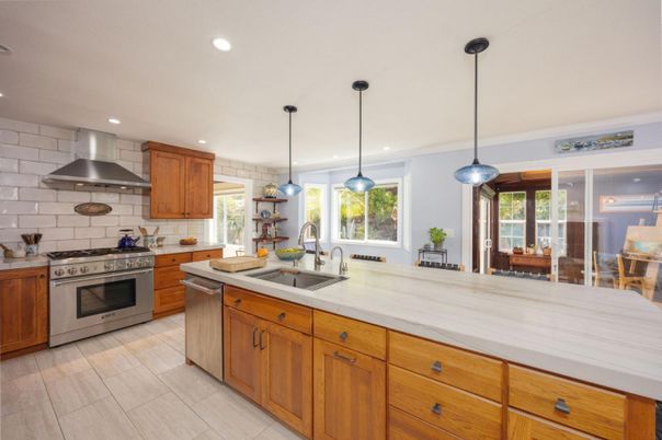 Interior, Kitchen, Pendant Lights, Recessed Lighting, Stainless Steel Appliances, Wood Texture Flooring