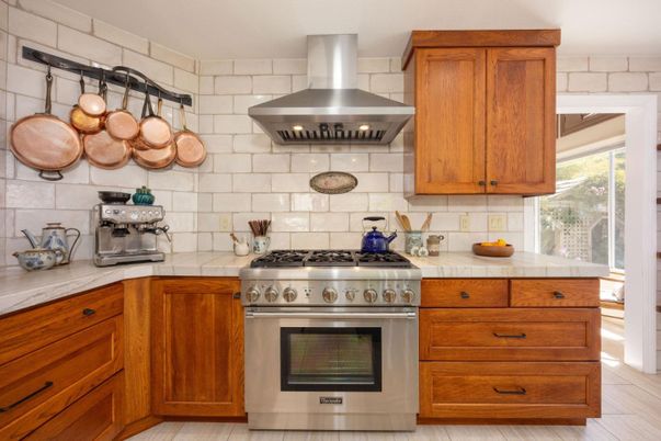 Interior, Kitchen, Stainless Steel Appliances, Tile Countertops, Wood Texture Flooring