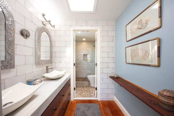 Bathroom, Glass Shower, Interior, Wood Texture Flooring
