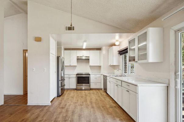 Interior, Kitchen, Pendant Lights, Stainless Steel Appliances, Wood Texture Flooring