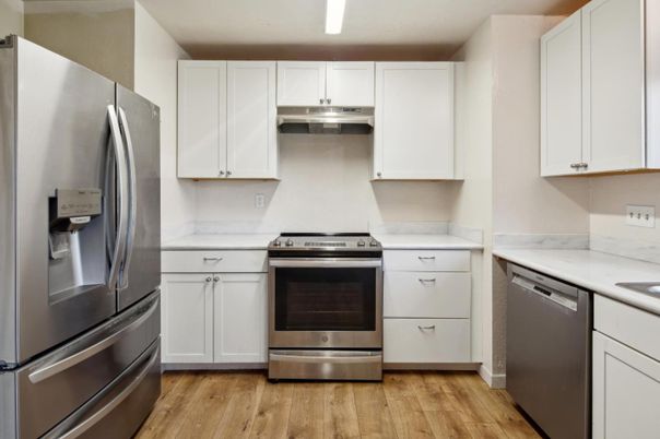 Interior, Kitchen, Stainless Steel Appliances, Wood Texture Flooring