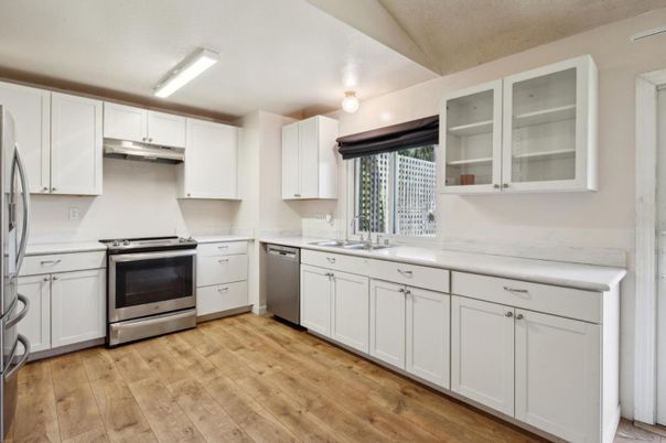 Interior, Kitchen, Stainless Steel Appliances, Wood Texture Flooring