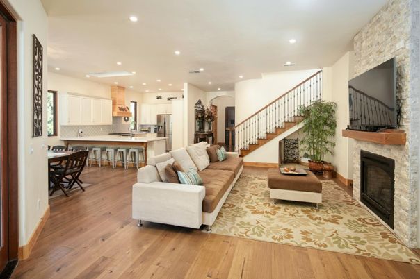 Fireplace, Interior, Kitchen, Living room, Recessed Lighting, Stainless Steel Appliances, Stone Walls, Wood Texture Flooring