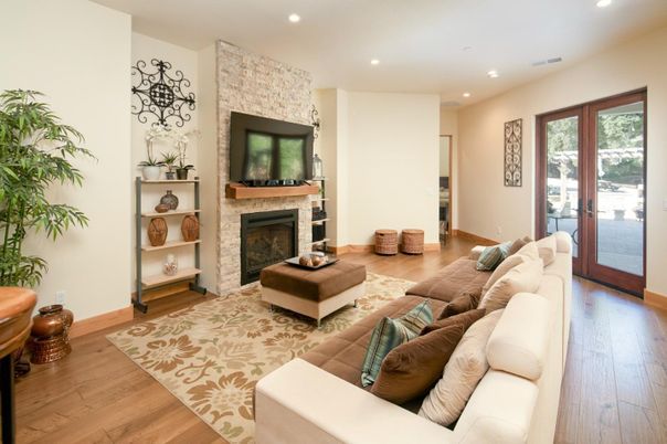Fireplace, Interior, Living room, Recessed Lighting, Wood Texture Flooring