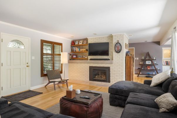 Fireplace, Interior, Living room, Stone Walls, Wood Texture Flooring