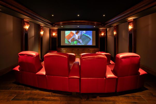 Home Theatre Room, Interior, Projection Screen, Recessed Lighting, Theatre Room, Wood Texture Flooring