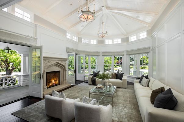 Chandelier, Fireplace, Interior, Living room, Recessed Lighting, Wood Texture Flooring